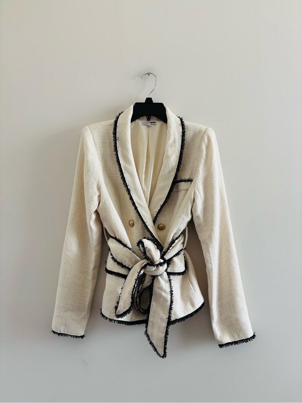Fashion Nova Tweed Blazer Ivory Black Trim Double Breasted Jacket Women L Formal